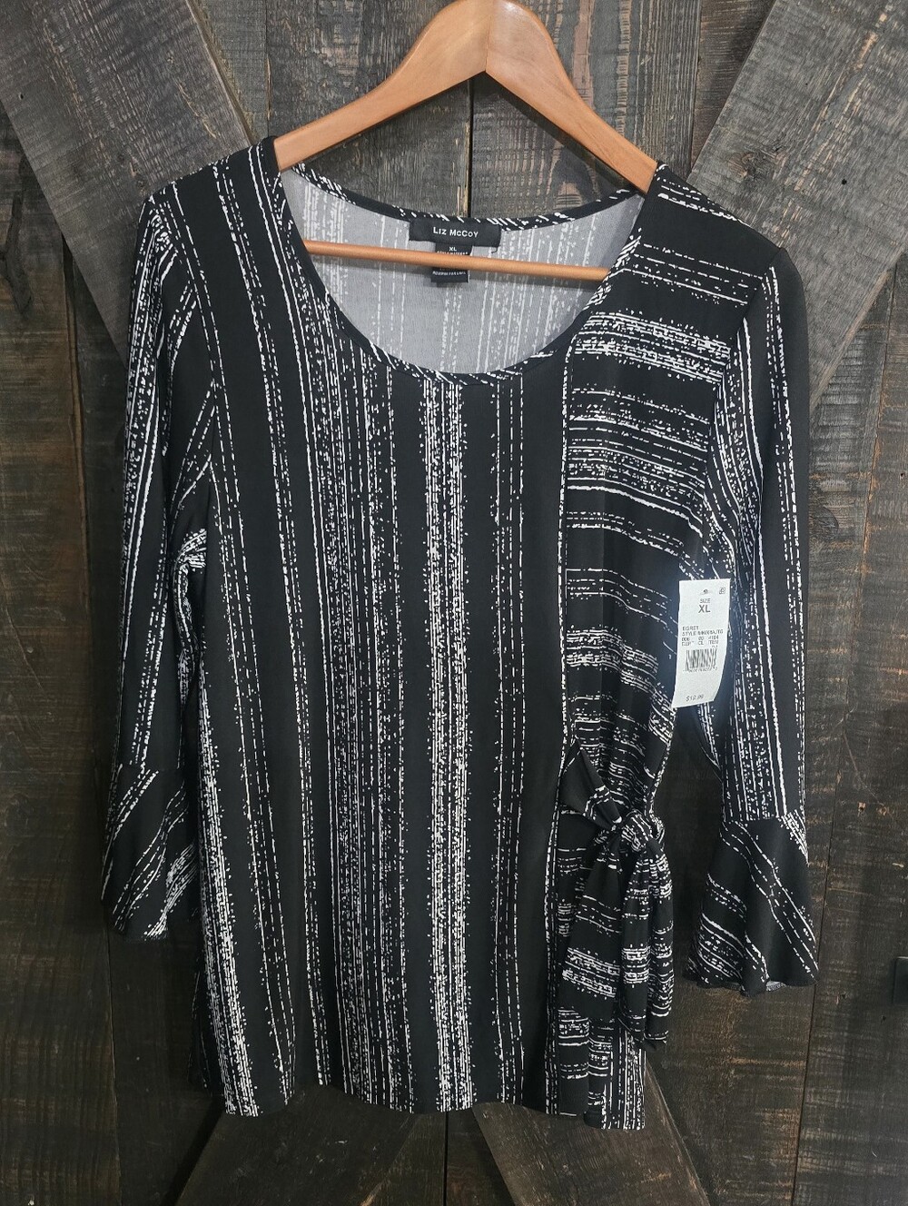 Liz McCoy Black and White Vertical Stripe Tie-Side Long Sleeve Top XL NWT